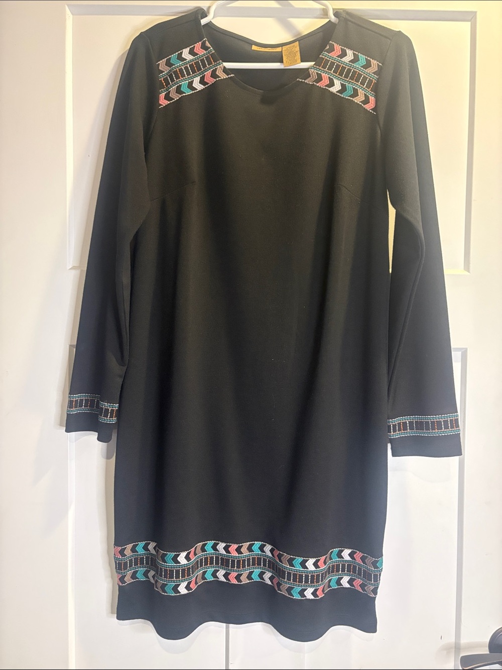 Wrangler Black Long-Sleeve Shift Dress with Multicolor Embroidered Trim